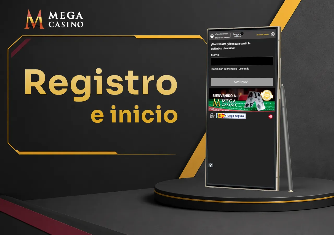Teléfono con el formulario de registro de Mega Casino listo para crear una cuenta.