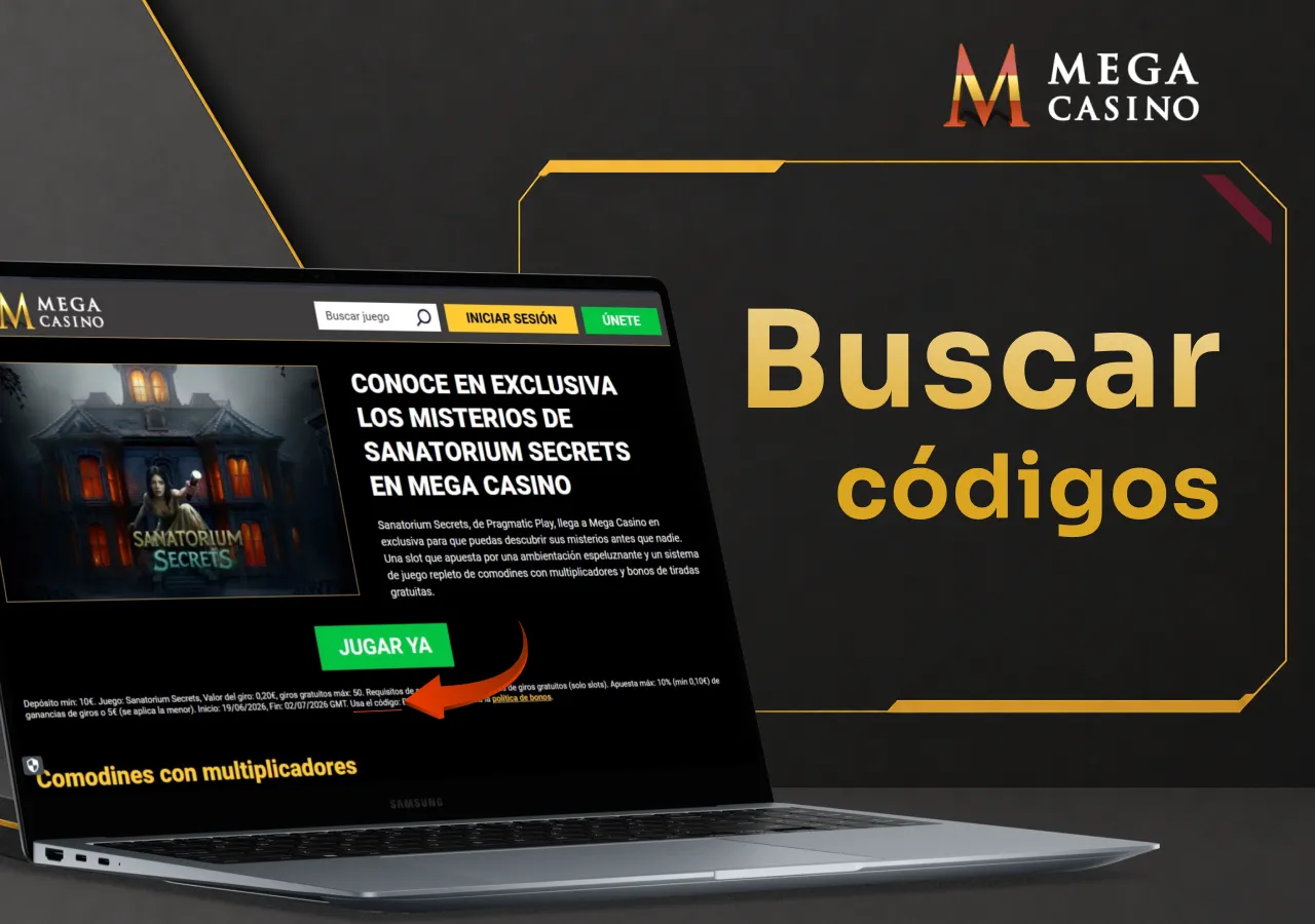 Portátil con un bono de Mega Casino y una flecha que indica dónde encontrar el código promocional.