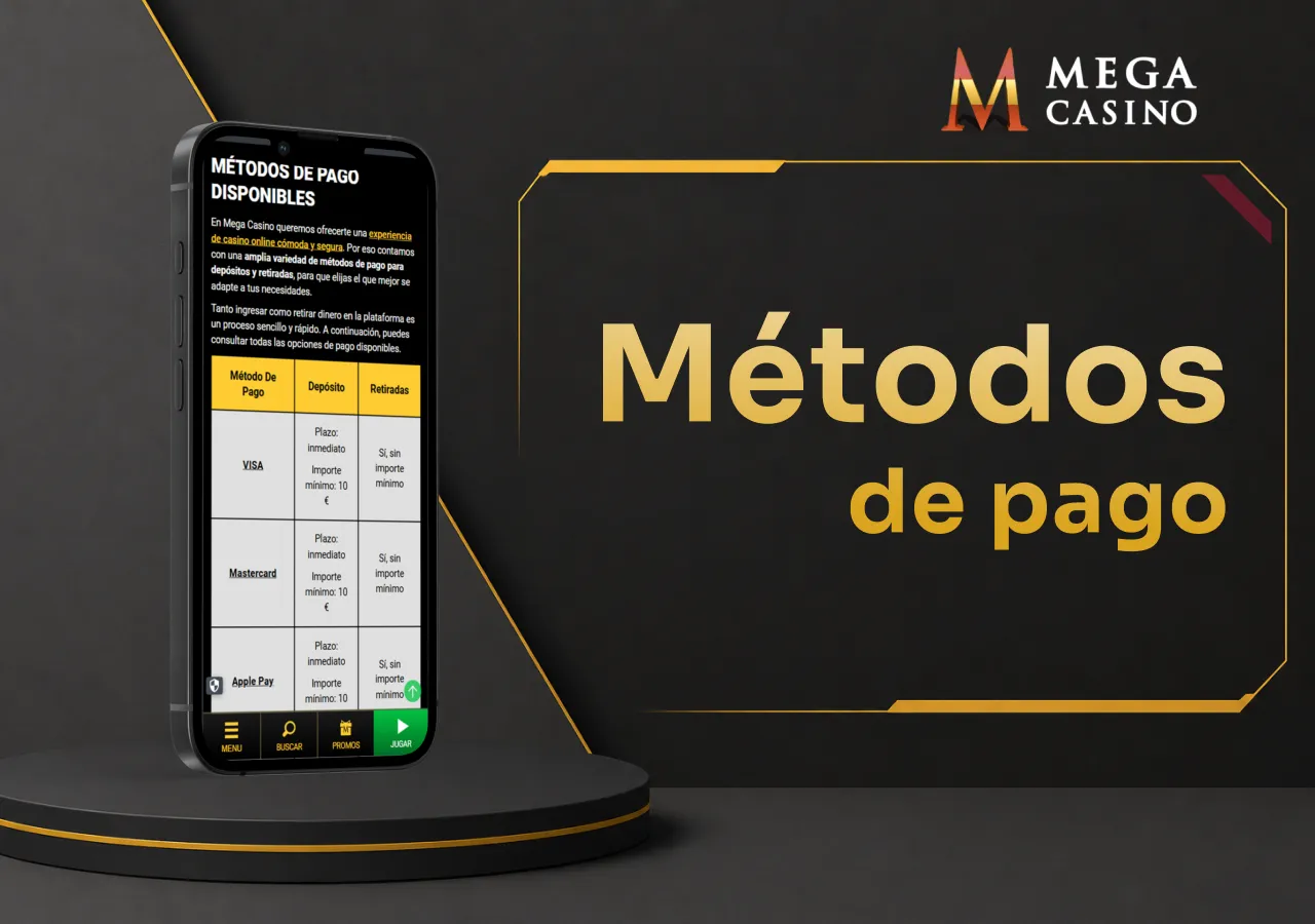 Teléfono con la página de métodos de pago y retirada de fondos del casino.